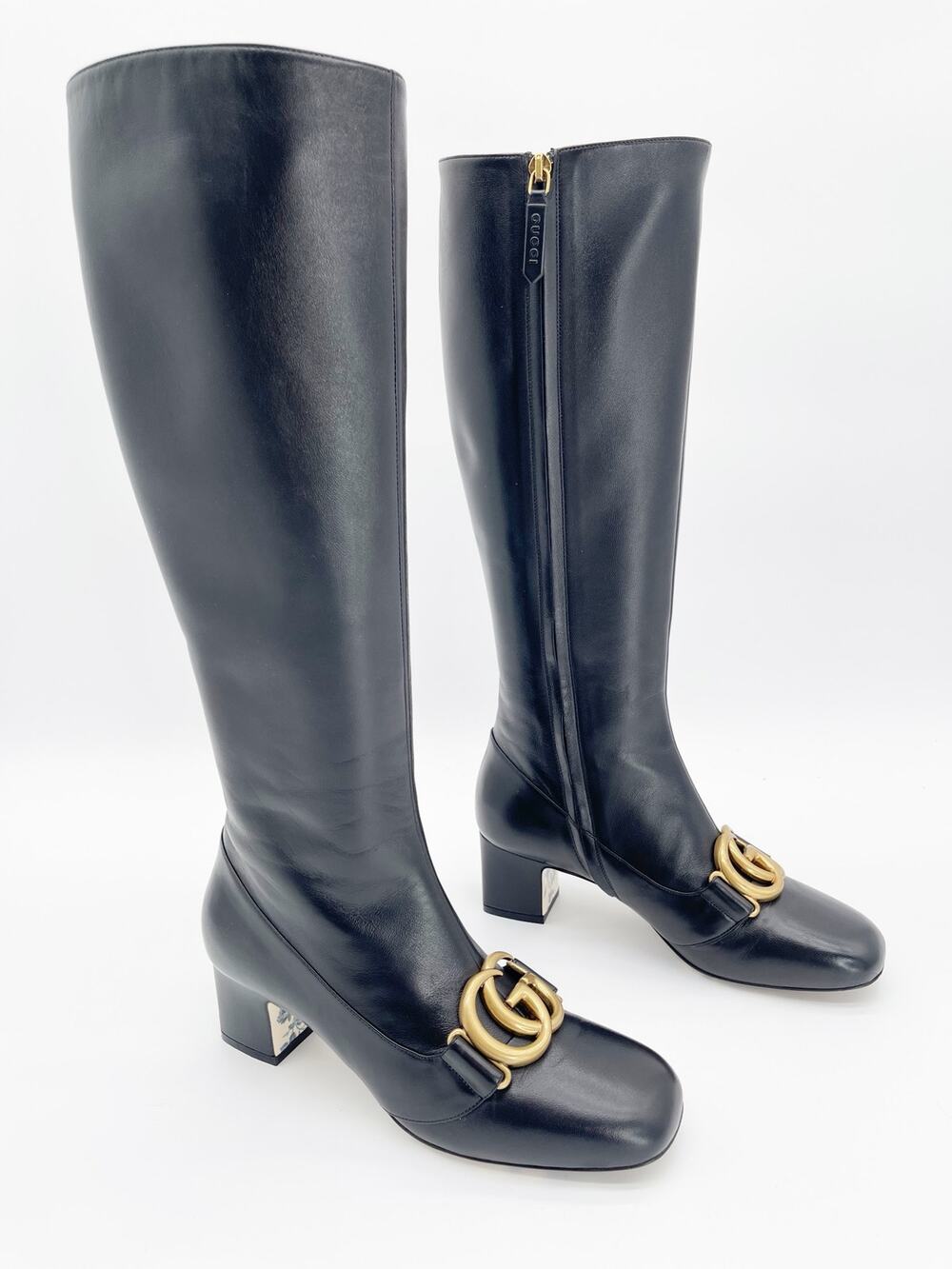 Gucci Charlotte Black Leather GG Marmont Knee High Block Heel Riding Boots IT 36